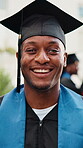 Graduation, face or black man on campus with smile, college pride or success in academic achievement. Education, happy or university student with portrait, confidence or optimistic at degree ceremony