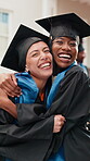 College, face or friends at campus with graduation, happy moment or celebration together at farewell. Portrait, women or student with hug, university milestone or congratulations at diploma ceremony.