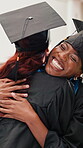 College, hug or friends at campus with graduation, happy moment or celebration together at farewell. Smile, people or student with support, university milestone or congratulations at diploma ceremony