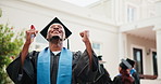 Smile, student and fist pump outdoor for graduation, ceremony and diploma for degree completion. Face, man and graduate at campus with college certificate, accolade award and learning accomplishment