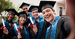 Graduation, face and friends with smile, selfie and memory for academic growth and excited at event. Outdoor, profile picture and happy people with diploma, portrait and celebration for achievement