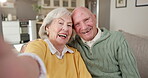 Selfie, face or old couple in home with love, happy moment or bonding together in digital memories. Smile, portrait or senior people with picture, romantic relationship or connection for social media