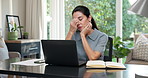 Eye strain, frustration or woman in home office with laptop, brain fog or headache in remote work. WFH, tired or mature freelancer with tech fatigue, burnout pressure or migraine discomfort in house.