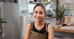 Pottery, happy and woman in workshop with face, clay artist or about us in creative industry. Portrait, smile or artisan with confidence, craftsperson profession or pride as handmade ceramic designer