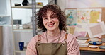 Pottery, smile and man in workshop with face, clay artist and about us in creative industry. Portrait, happy and artisan with confidence, craftsman profession or ambition as handmade ceramic designer