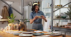Pottery, phone and owner in shop with picture, product marketing and launch checklist for startup. Creative, ads or  woman with clipboard, brand photography or ecommerce catalog for ceramic business.