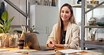 Face, woman and laptop in pottery shop with smile, art workshop or pride for creative job experience. Happy, person and small business owner with computer, about us or entrepreneur at ceramic studio.