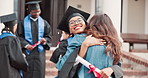 College, celebration and teacher with student for graduation, hug and milestone for education goal. Happy, people and campus with ceremony, degree and success for achievement or university diploma