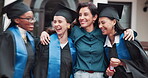 Happy, students and professor with hug for graduation pride, shared achievement or celebration. Laugh, lecturer and embrace women outdoor for ceremony support, graduate success and degree completion