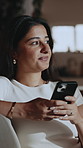 Texting, phone or woman in home with thinking, online chat  or message notification on social media. Laugh, typing and person with tech, communication update and post reflection on virtual platform.