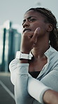Fitness, black woman and stretching arms in city for health, injury prevention and preparation. Female person, runner and warm up muscle to start exercise outdoor, circulation benefits and wellness
