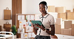 Logistics, scroll or black woman in office with tablet, order control or review monitor on webstore. Smile, digital and entrepreneur with tech, delivery status and customer feedback on ecommerce site