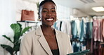 Face, tablet and woman in clothing store for small business, online shop management and laugh. Happy, black person and technology in boutique for retail, fashion industry and trade or app for startup