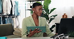Woman, planning and tablet in fashion store with laptop, typing and update catalog for ecommerce app. Black person, tech and small business owner in boutique with plan, retail website or online shop.