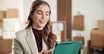 Small business, logistics and woman with laptop, laugh and checking online sales on website or info. Startup, scroll and happy person with tech, reading and inventory management for order fulfillment