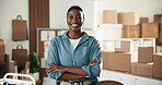 Face, black woman and smile at startup for ecommerce, logistics and supply chain of clothing launch. Portrait, entrepreneur or happiness in office with arms crossed, fashion designer and distribution
