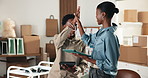 Black people, tablet and ecommerce at startup with high five, good news and sales of clothes launch. Smile, team and celebrate in office with tech, online orders and positive reviews of fashion brand