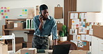 Fashion designer, phone call and laptop in office with black woman, planning and small business. Startup, digital tech and happy person for inventory management, clothing order and stock conversation