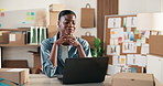Logistics, smile or black woman in office with laptop, order status or review monitoring on webstore. Happy, digital or entrepreneur with tech, delivery control or customer feedback on ecommerce site
