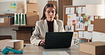 Logistics, typing and woman in office with laptop, order control and review monitoring on webstore. Reading, digital and entrepreneur with tech, delivery status or customer feedback on ecommerce site