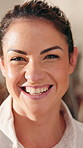 Face, woman and happy with creative career, positive attitude or marketing manager with satisfaction. Confident, person and smile at agency with advertising job, brand management or about us for work
