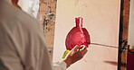Hands, painter and canvas for art in studio, creativity and color for technique and skill in painting. Person, paintbrush or stroke for artistic expression, talent and design process for artwork