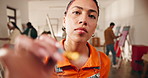 Face, woman and artist painting with brush, drawing and creative lesson for gallery showcase. Portrait, happy person and painter in class with pov, practice technique and art sketch for masterpiece