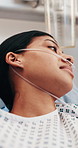 Woman, thinking and breathing tube in hospital bed with fatigue, respiratory disease or medical help. Tired, person and reflection in clinic with lung infection, health condition and rehabilitation.