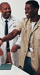 Healthcare, intern and handshake in hospital with applause, medical achievement and onboarding. Man, shaking hands and clinic employees with clapping for hiring, contract and happy for recognition
