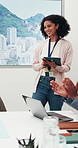 Woman, presentation and tablet with team applause in meeting for congratulations or good job. Happy, female person or speaker with group clapping for staff pitch, seminar or conference in workplace