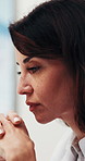 Thinking, woman and doctor in office with stress, medical error and unexpected results of prognosis. Concern, mature person and vision in hospital with anxiety, wrong diagnosis and healthcare burnout