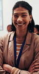 Meeting, face and woman in office with arms crossed, brand consultant and career in PR industry. Portrait, team and marketing advisor with confidence, ads planner and about us in communications.