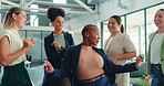 Office, women and dance with team in business, happiness and achievement celebration for success. Excited, people and moving to music in workplace for milestone, target or positivity for good news
