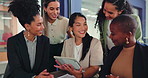 Digital, review or team in agency with tablet, industry research or discussion on audience growth. Meeting, women or creative advisor with tech, market trends or consumer insight for brand awareness.