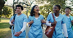 Nurse, students and walk with friends, education and travel to college in nature and laugh together. Outdoor, knowledge and happy people with scholarship, healthcare and journey with funny discussion
