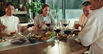 House, couple of friends and eating for dinner party, get together and social connection with meal. Happy, mature people and food at dining table for weekend event, conversation or bonding at reunion