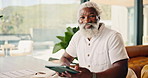 Mature, face and black man with tablet in home for financial investment or asset management. Portrait, male person or pride with technology or smile for finance, pension for budget planning in house