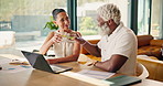 Cheers, water or interracial couple in house with laptop, revenue growth or success with investment. Happy, data or mature people with toast, budget achievement or celebration in financial management
