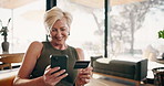 Banking, phone and happy woman with credit card in home for online shopping or wireless transaction. Mature, female person or laughing with debit on smartphone for payment app or ecommerce in house