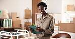 Logistics, online and happy man with laptop in small business, laugh and checking sales on website.  Startup, portrait and black person with smile, ecommerce and stock inventory for order fulfillment
