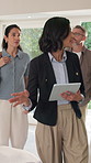 Realtor, tablet and couple in home for viewing, real estate option and inspection for moving. Talking, tech and woman with clients for property evaluation, consulting and listing for homeowner choice