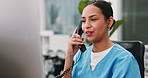 Healthcare, receptionist or nurse on telephone call for appointment booking, schedule or referral. Computer, happy woman or talk to patient in clinic for telehealth, admission update or admin request