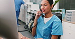 Medical, computer and nurse on telephone call for appointment, schedule or referral information. Tech, happy woman and talking to contact at clinic reception for admin, healthcare booking and bye