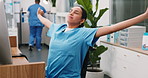 Tired, stretch and woman in hospital with computer, admin fatigue and low energy in medical center. Overworked, tech and nurse with yawning, clinical burnout and exhausted with healthcare research.