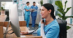Hospital, computer and nurse on telephone call for appointment, schedule or medical referral. Clinic, receptionist and happy woman talking to doctor with tech, admin checklist or healthcare booking