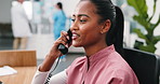 Medical, chat or woman in hospital with phone call, booking inquiry or nurse feedback in telehealth. Happy, healthcare or doctor with telephone, online consultation or appointment schedule in clinic.
