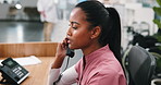Medical, chat or woman in clinic with phone call, booking inquiry or contact feedback in telehealth. Health, digital or nurse with telephone, online consultation or appointment schedule in hospital.