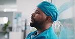 Disappointed, man and nurse with stress on glass window for medical failure or bad procedure. Upset, male person or healthcare surgeon with disbelief for surgical mistake, grief or loss in hospital