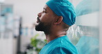Frustrated, man and surgeon with stress on glass window for medical failure, bad news or mistake. Upset, male person or nurse with face mask for surgical complication, grief or loss in hospital