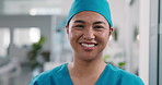 Face, woman and nurse at hospital with smile, start shift or surgery preparation of medical career. Portrait, female person and happy in clinic with scrub cap, surgical routine and healthcare service